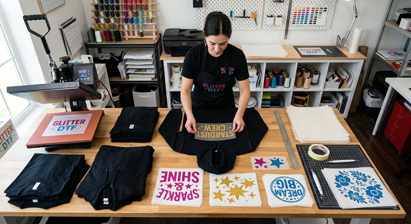 Photorealistic overhead view of a small apparel creator organizing glitter DTF transfers, blank shirts, hoodies, a ruler, ...