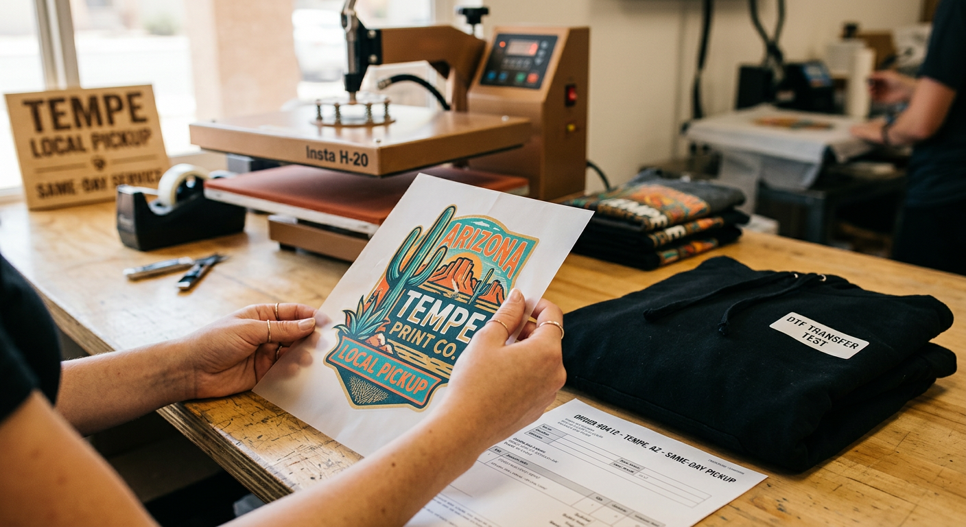 Photorealistic close-up of hands examining bright, detailed DTF transfer sheets on a clean print-shop counter, with a fold...
