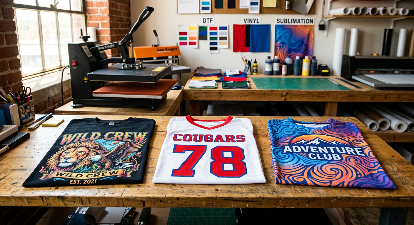 Clean editorial-style comparison scene showing three finished garments on a worktable, a full-color DTF graphic tee, a sim...
