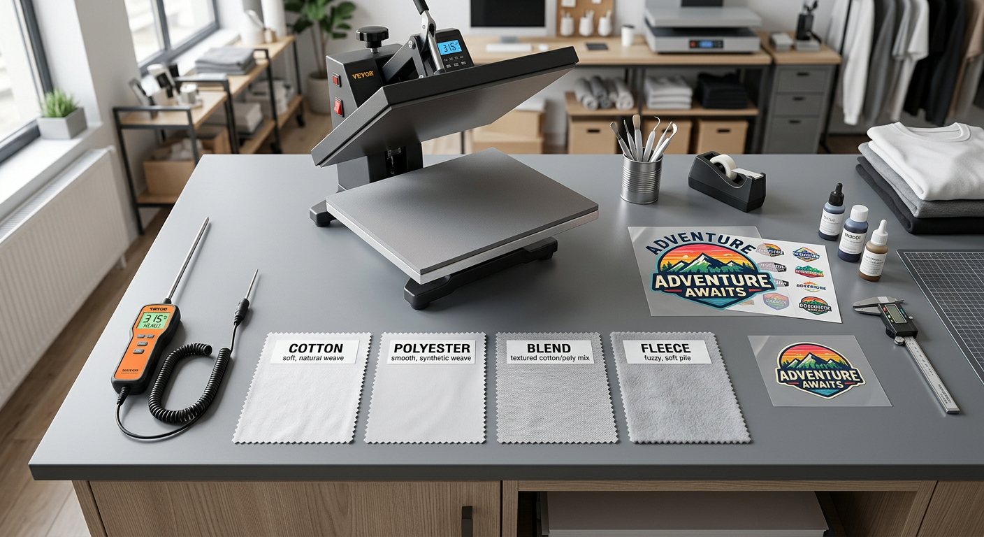 Photorealistic overhead view of a clean heat press workstation with four labeled T-shirt fabric swatches, cotton, polyeste...