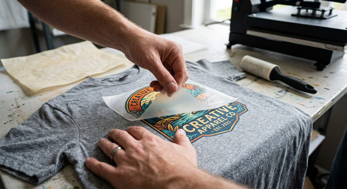 Photorealistic close-up of an apparel creator slowly cold-peeling carrier film from a vivid DTF design on a heather-gray T...