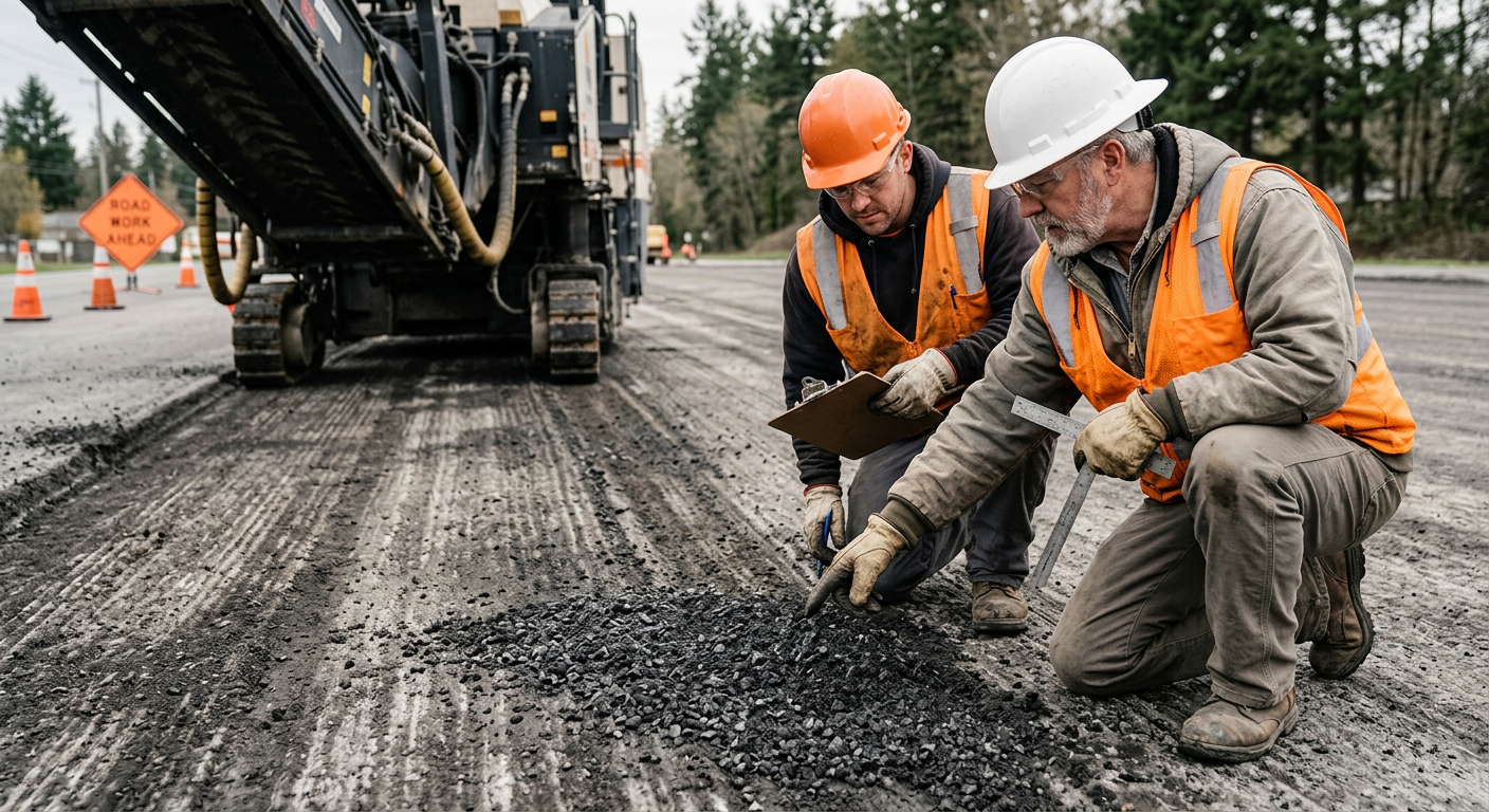 Photorealistic close view of an unbranded road construction superintendent and equipment operator examining a milled aspha...