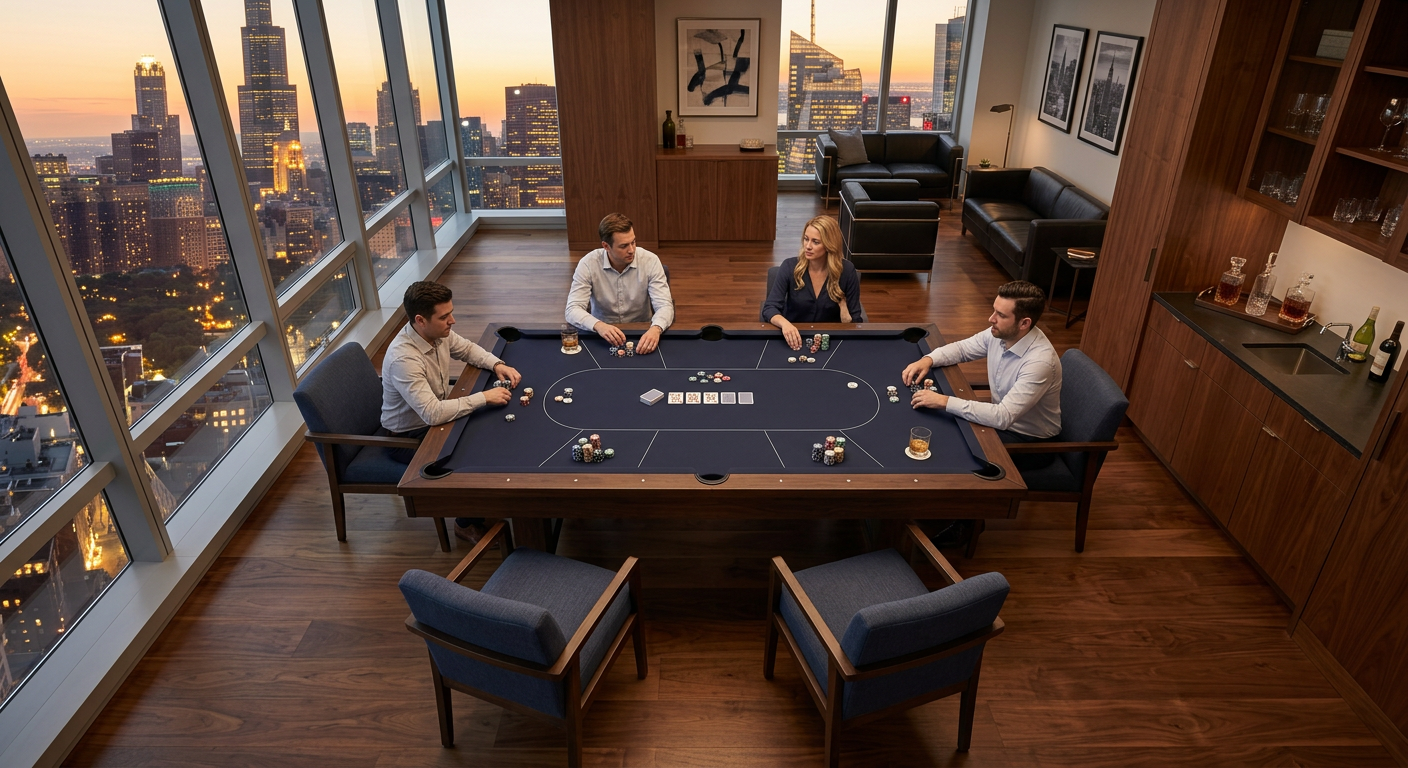 Photorealistic overhead architectural photograph of a refined New York executive office game lounge, one rectangular six-p...