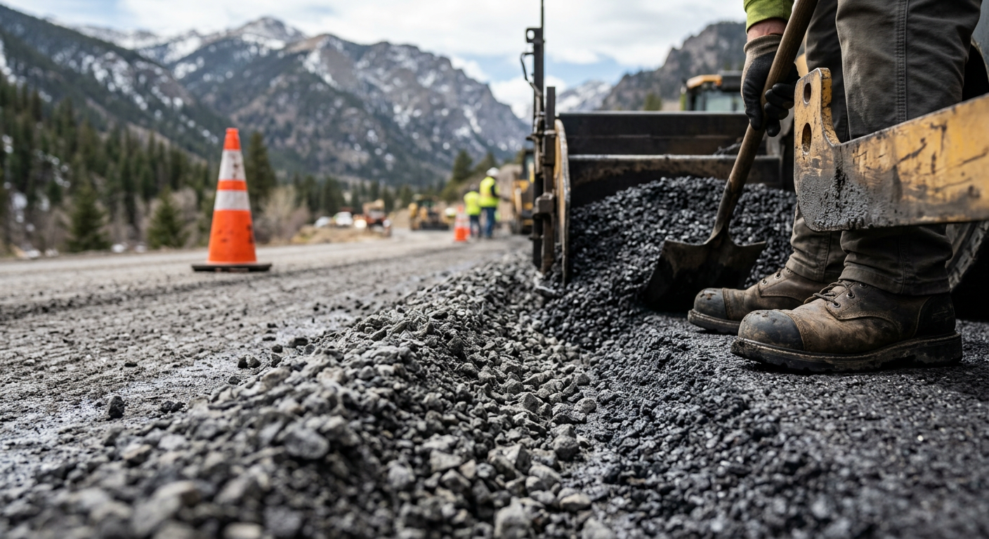 Photorealistic close-up of clean milled asphalt and coarse aggregate being gathered into a controlled windrow on an unbran...