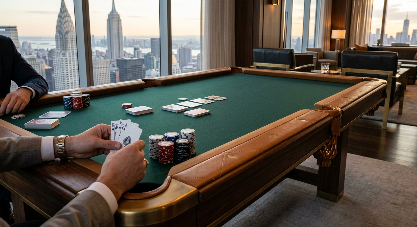 Photorealistic close three-quarter view of one rectangular six-pocket luxury pool table in a Manhattan executive lounge, s...
