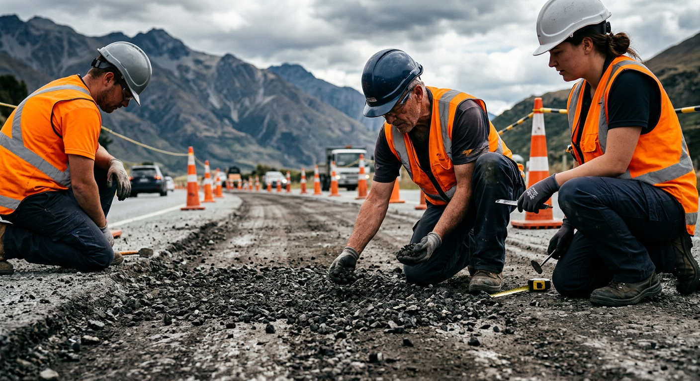 Photorealistic close-up of an unbranded road-construction crew inspecting coarse asphalt millings and aggregate along a fr...