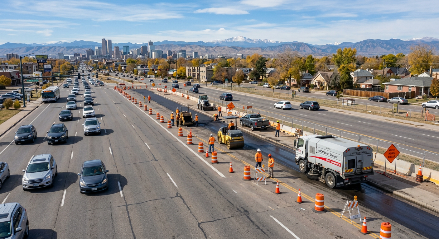 Photorealistic aerial view of a neutral, unbranded municipal street maintenance operation in a Colorado city, showing a fr...