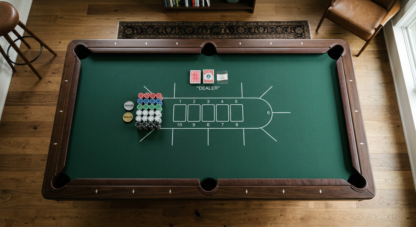Photorealistic overhead architectural interior photograph of a rectangular six-pocket luxury pool table with a thin forest...