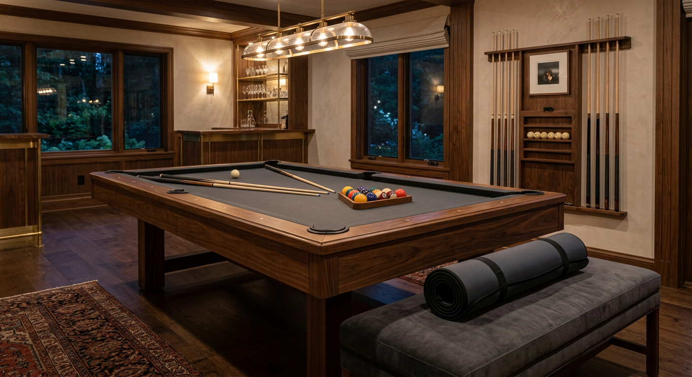 Photorealistic luxury game room photograph showing one rectangular six-pocket pool table restored for billiards after the ...