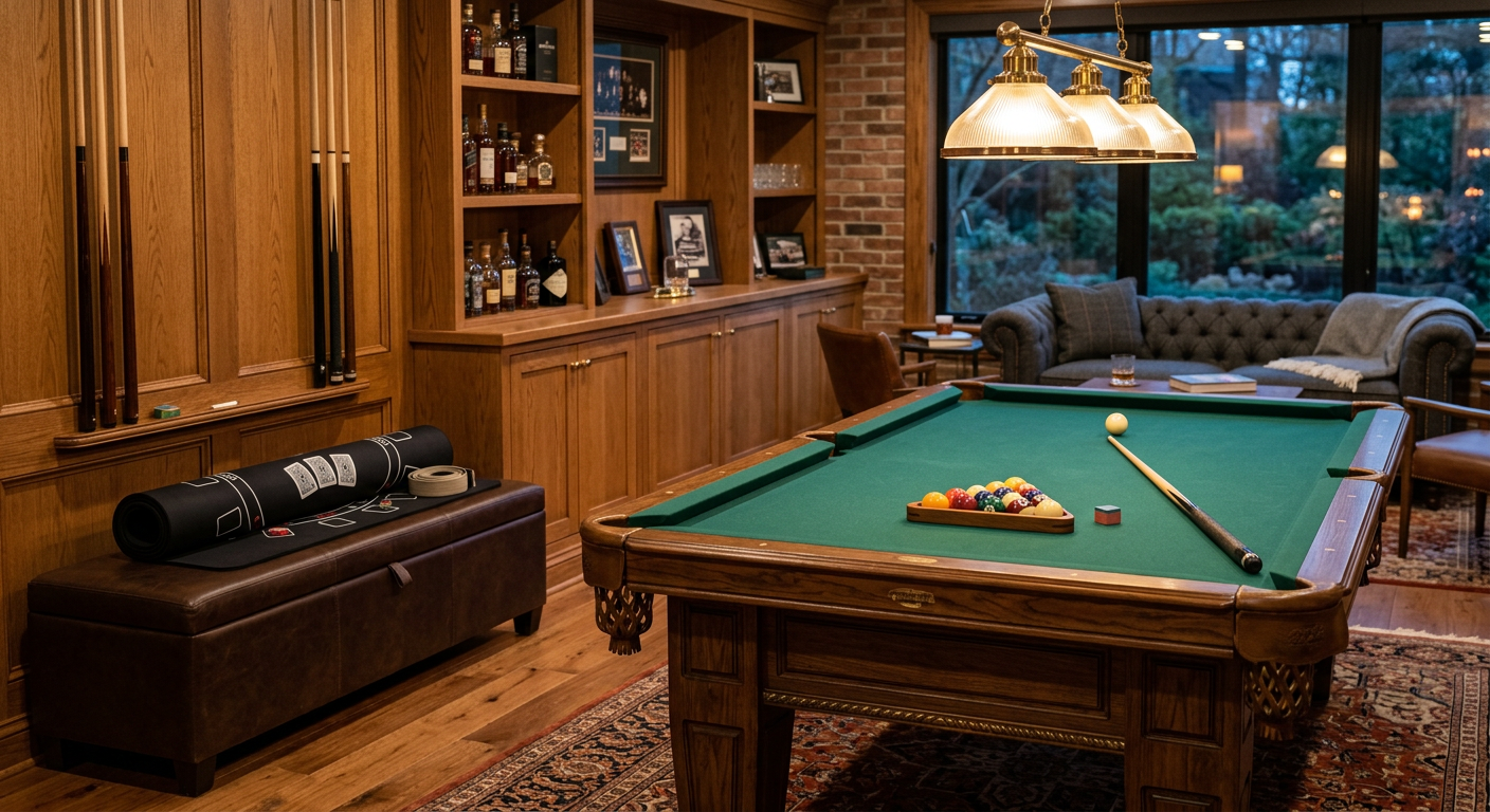 Photorealistic luxury game room photograph showing one rectangular six-pocket pool table restored to billiard play after p...