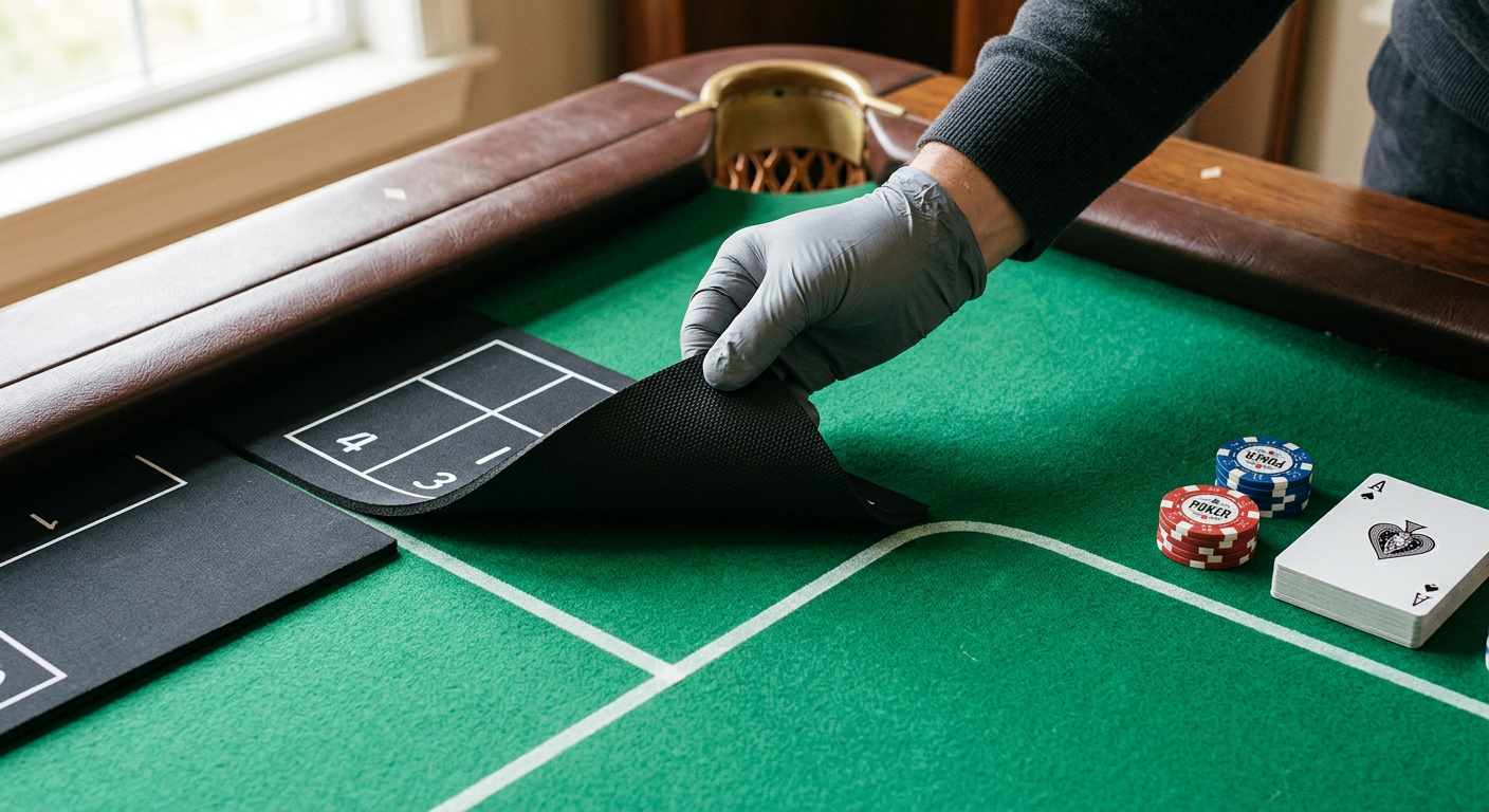 Photorealistic close-up architectural interior photograph of a gloved hand gently lifting a thin removable neoprene poker ...