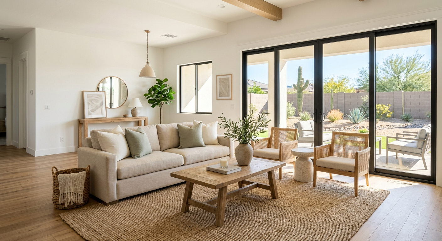 How to Sell My Home in Scottsdale Fast While Protecting Value| Realtors in Park Scottsdale | 85250 Real Estate Agents Photorealistic interior of a bright staged Park Scottsdale living room, neutral furnishings, natural oak accents, fresh wh...