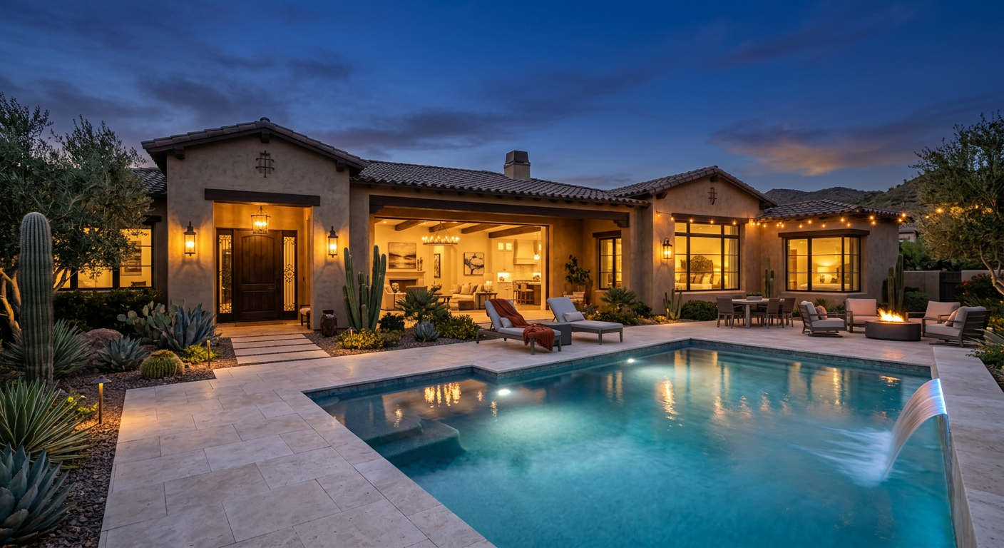 How to Sell My Home in Scottsdale Fast While Protecting Value| Realtors in Park Scottsdale | 85250 Real Estate Agents Photorealistic twilight exterior of a central Scottsdale home prepared for an evening showing, glowing interior windows, c...