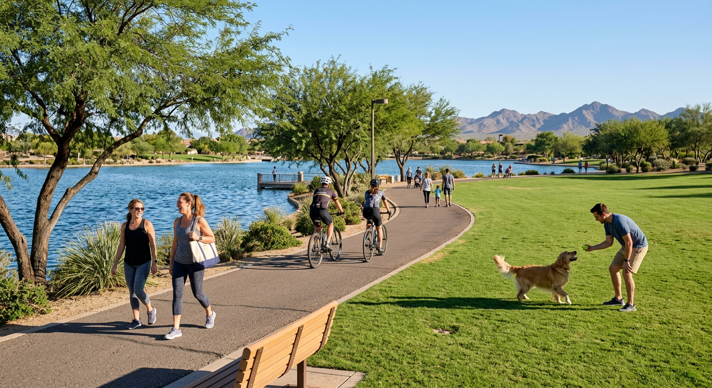 Photorealistic lifestyle scene at Chaparral Park in Scottsdale, with people walking beside the lake, a dog owner near a gr...