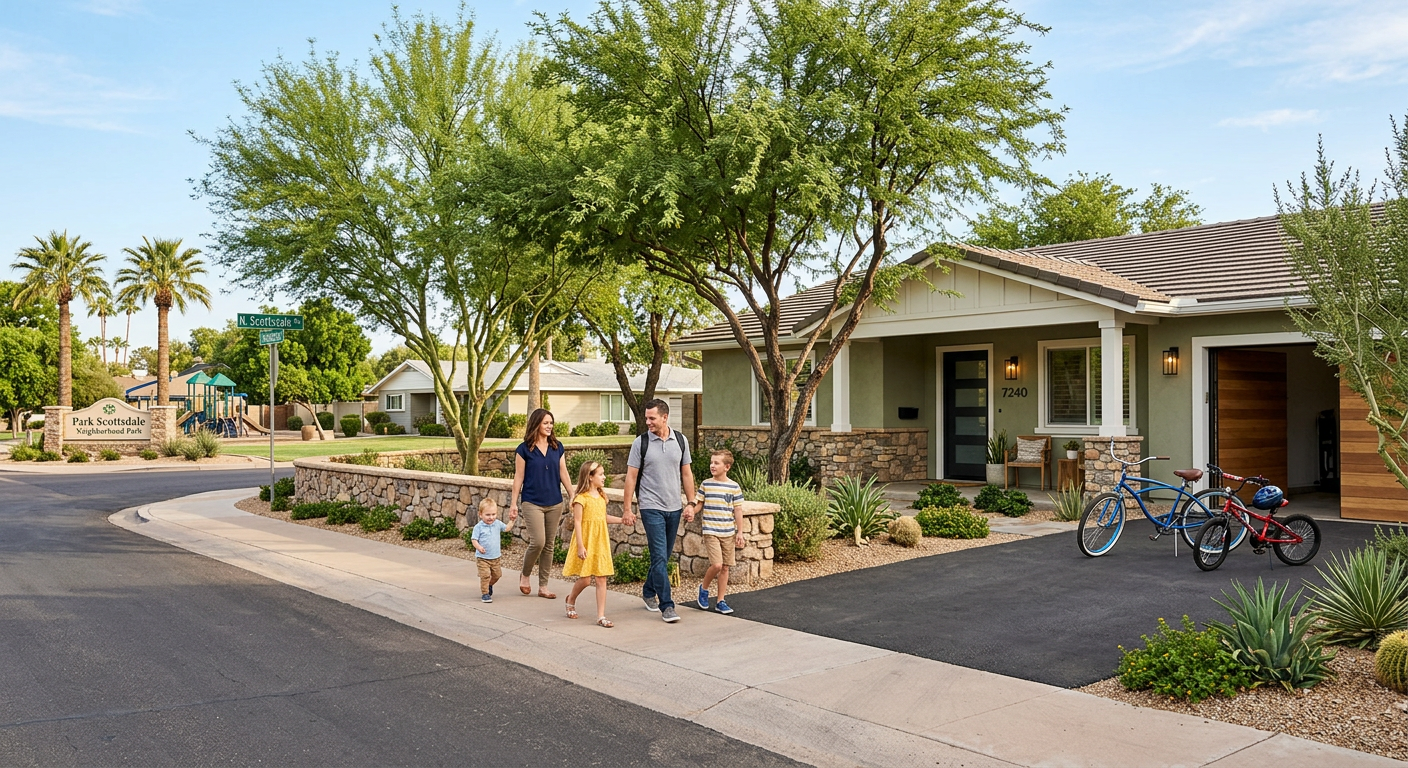 Photorealistic street-level scene in Park Scottsdale with a renovated single-story ranch home, mature shade trees, a low d...