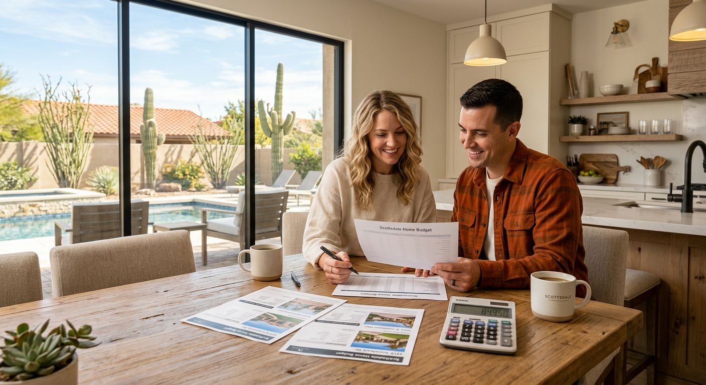 Scottsdale Real Estate Market Problems Buyers Face in 2026| Realtors in Park Scottsdale | 85250 Real Estate Agents Photorealistic scene of a couple reviewing a Scottsdale home budget at a kitchen island, with printed property details, a ...