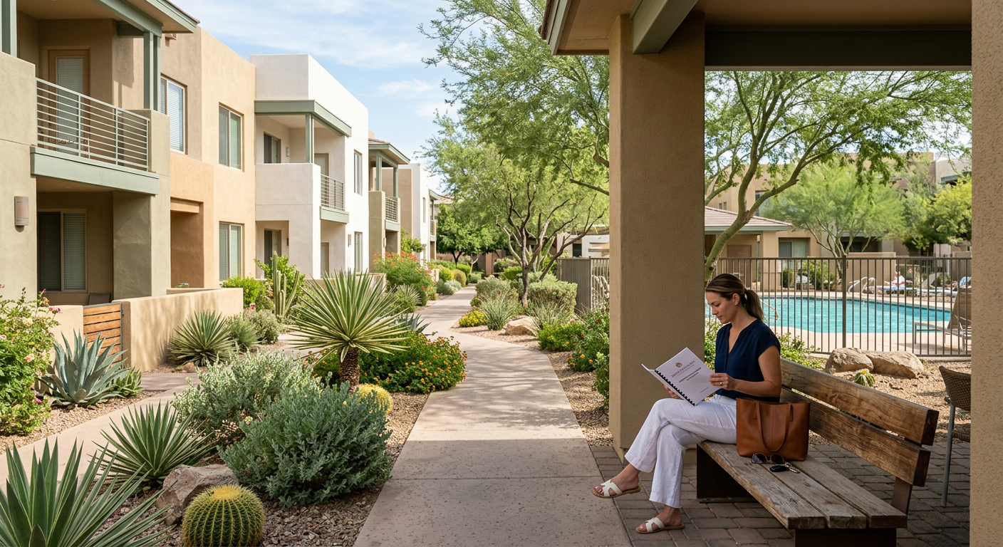 Scottsdale Real Estate Market Problems Buyers Face in 2026| Realtors in Park Scottsdale | 85250 Real Estate Agents Photorealistic exterior of a well-maintained Scottsdale condo community with contemporary stucco buildings, shaded walkway...