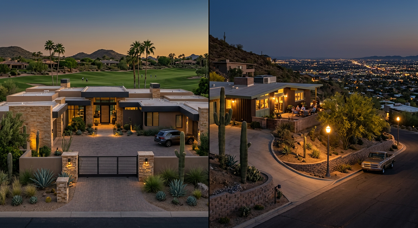 Scottsdale Luxury Homes vs Phoenix Luxury Homes: A Comparison| Realtors in Park Scottsdale | 85250 Real Estate Agents Photorealistic street-level split scene showing a gated Scottsdale desert contemporary home near a manicured golf setting ...
