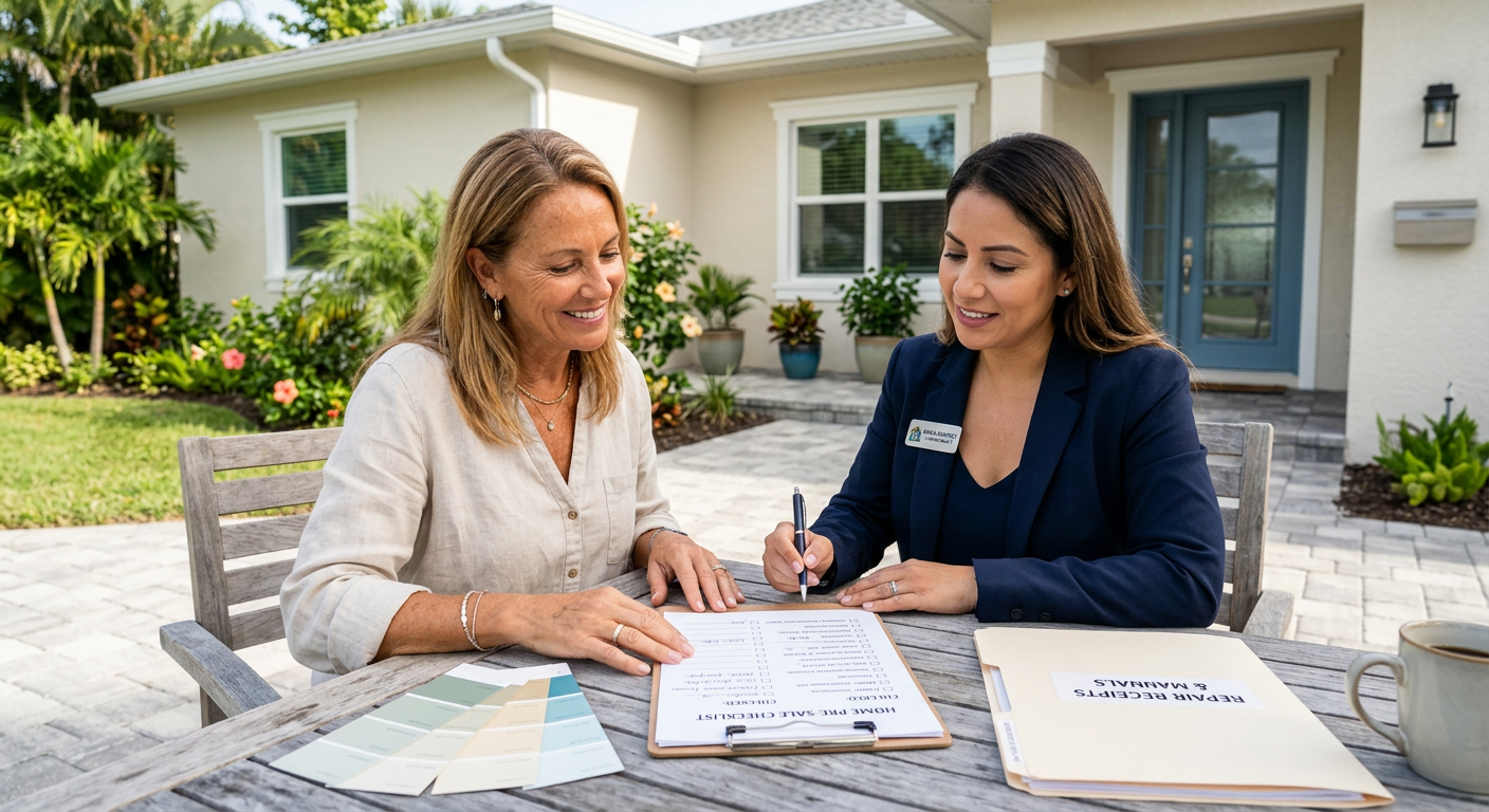 Photorealistic close-up of a South Florida homeowner and real estate professional reviewing a focused pre-sale checklist b...
