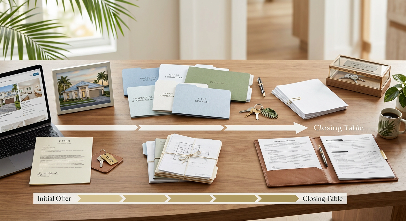 Modern editorial illustration of a clean real estate transaction timeline, a West Palm Beach house on one side and organiz...