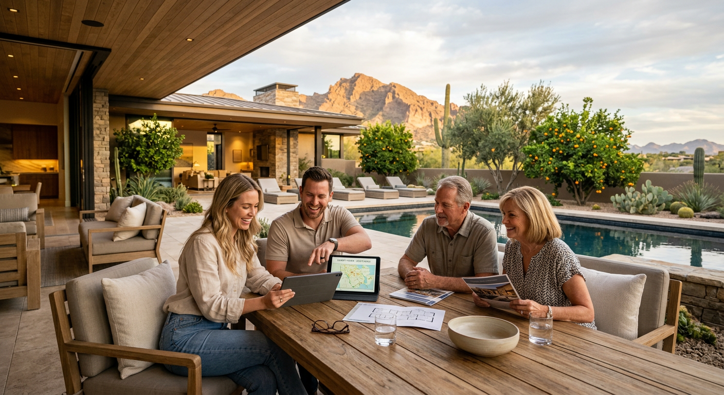 Scottsdale Luxury Homes vs Phoenix Luxury Homes: A Comparison| Realtors in Park Scottsdale | 85250 Real Estate Agents Photorealistic family and couple reviewing luxury-home options on a patio in central Scottsdale, with a modern ranch home,...