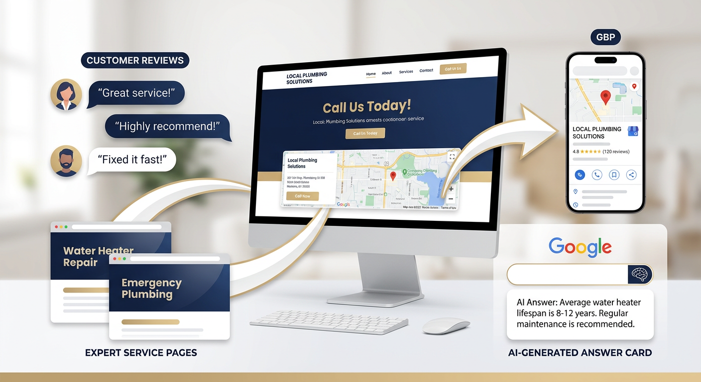 Clean modern illustration of a local service business website connected to a Google Business Profile, customer reviews, ex...