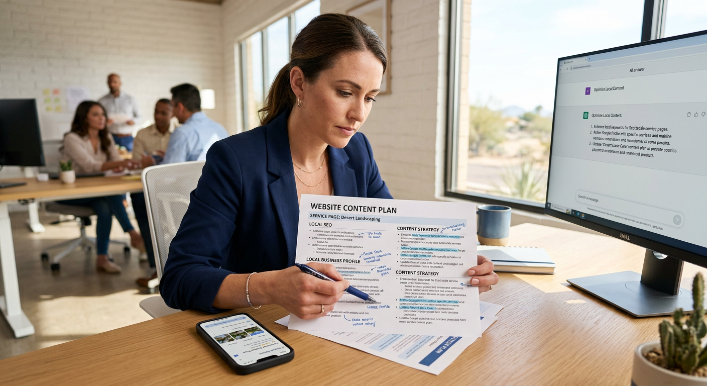 Photorealistic close-up of a marketing professional reviewing a website content plan with printed service-page notes, a sm...
