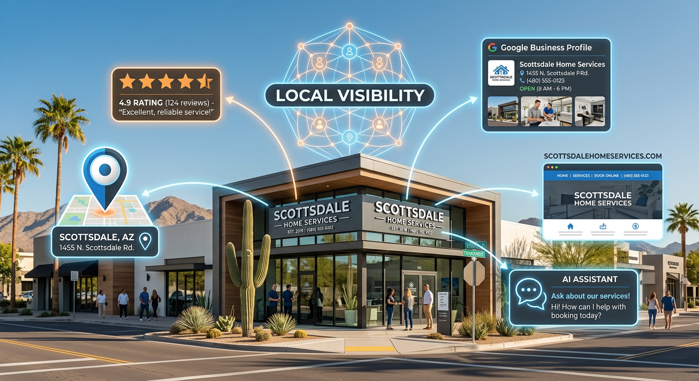 Clean modern illustration of a Scottsdale service business at the center of connected local visibility signals, including ...