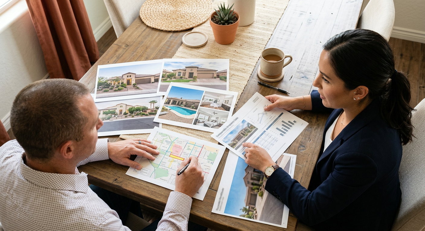 How to Sell Your House in Phoenix Fast Without Losing Value Photorealistic overhead view of a Phoenix seller and real estate professional reviewing printed home photos, neighborhood ...