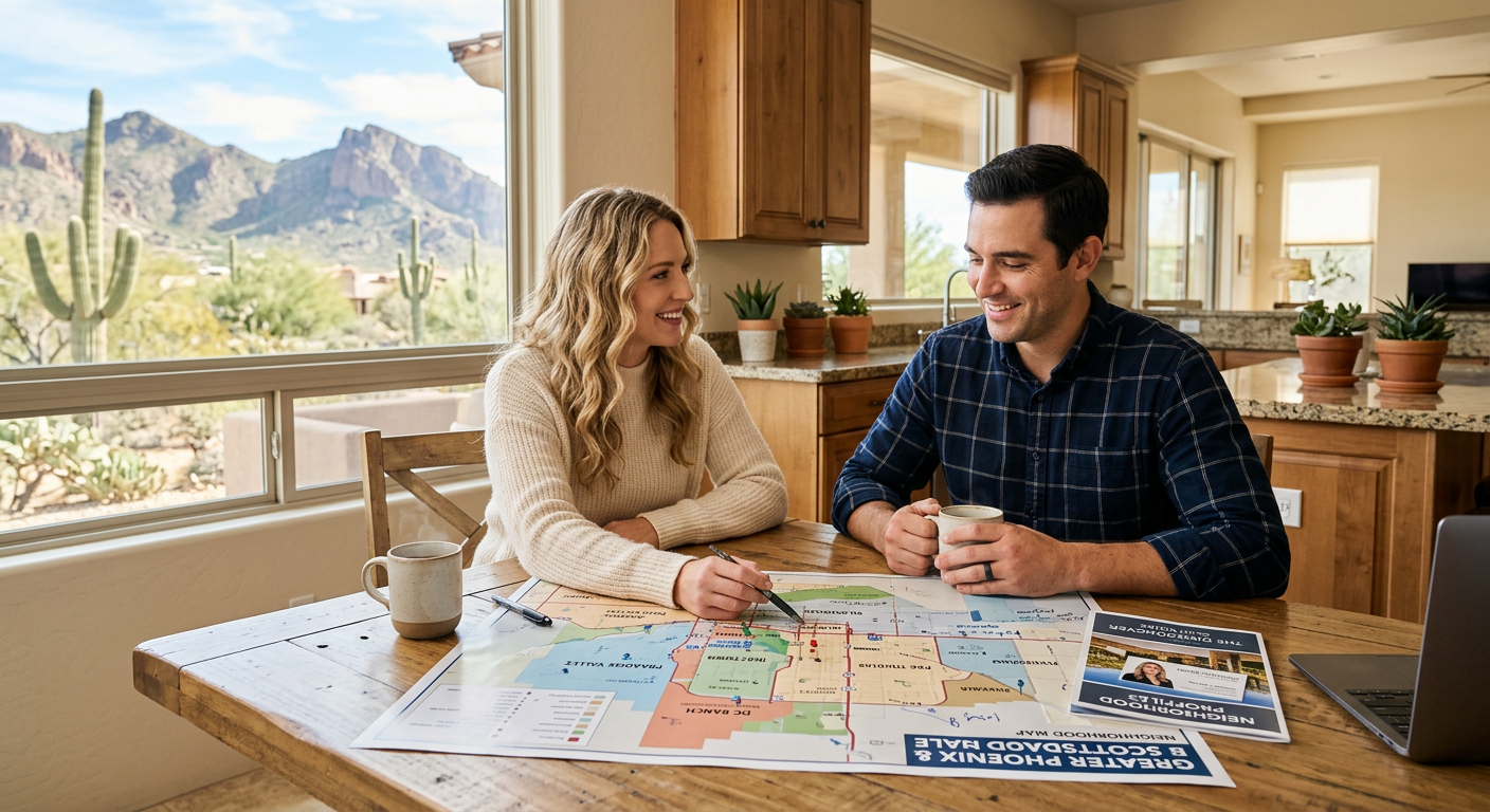 Photorealistic relocation planning scene with a couple reviewing a Scottsdale and Phoenix neighborhood map at a sunlit kit...