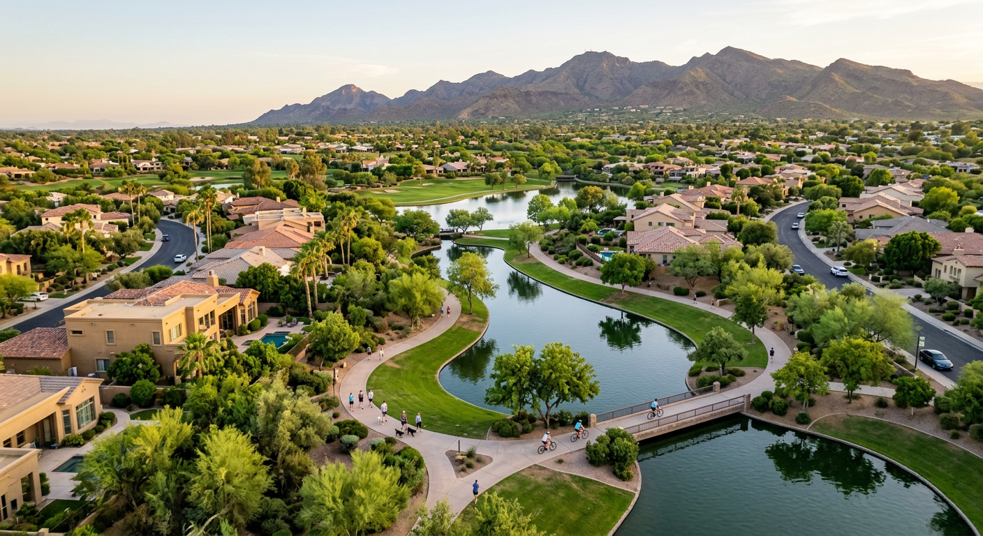 Photorealistic aerial neighborhood scene showing central Scottsdale’s greenbelt, lakes, paths, mature homes, and mountain ...