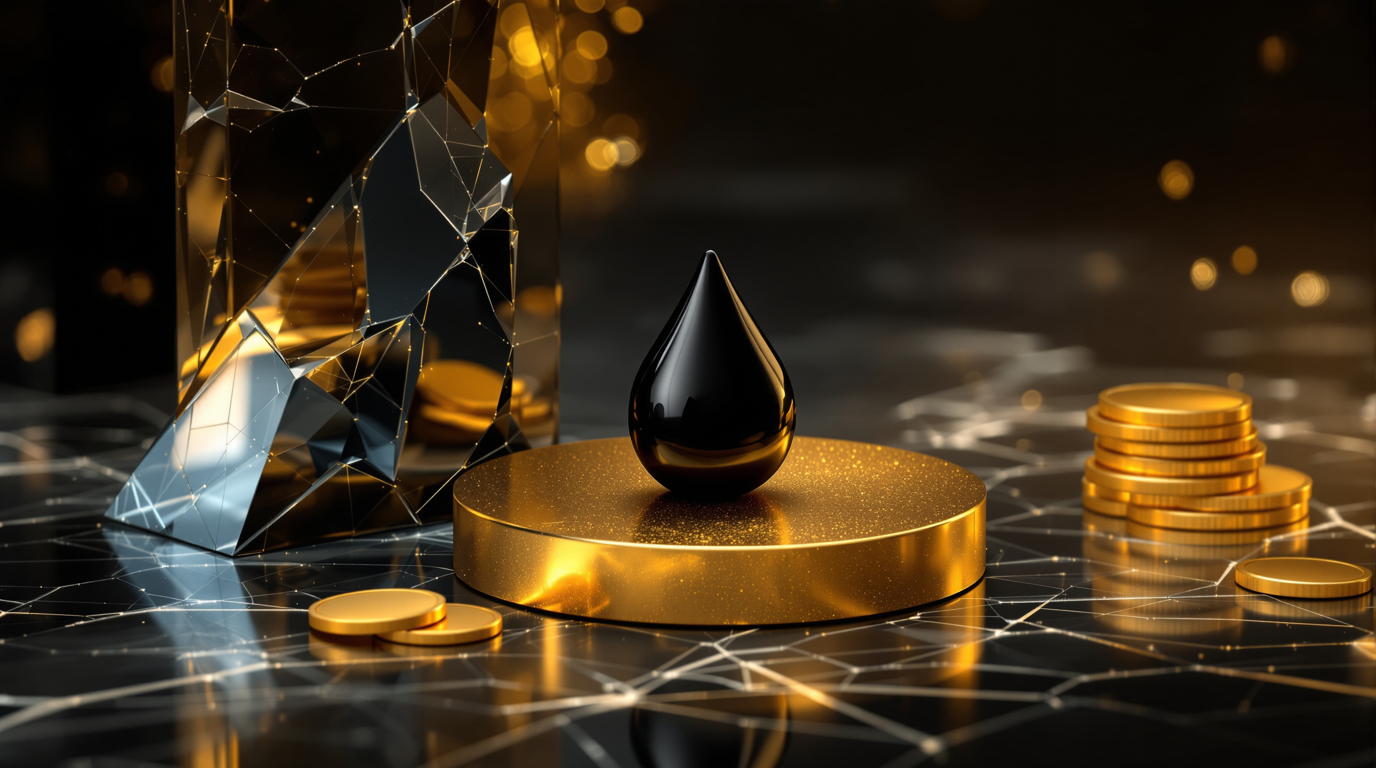 a polished matte-black oil droplet perched on a burnished-gold pedestal, set beside a fractured, tilted glass-tech monolith and a modest ascending sta — editorial cover artwork for the Knightron story on Tech Stocks Tumble As AI Scrutiny Deepens; Oil Surges On Sup