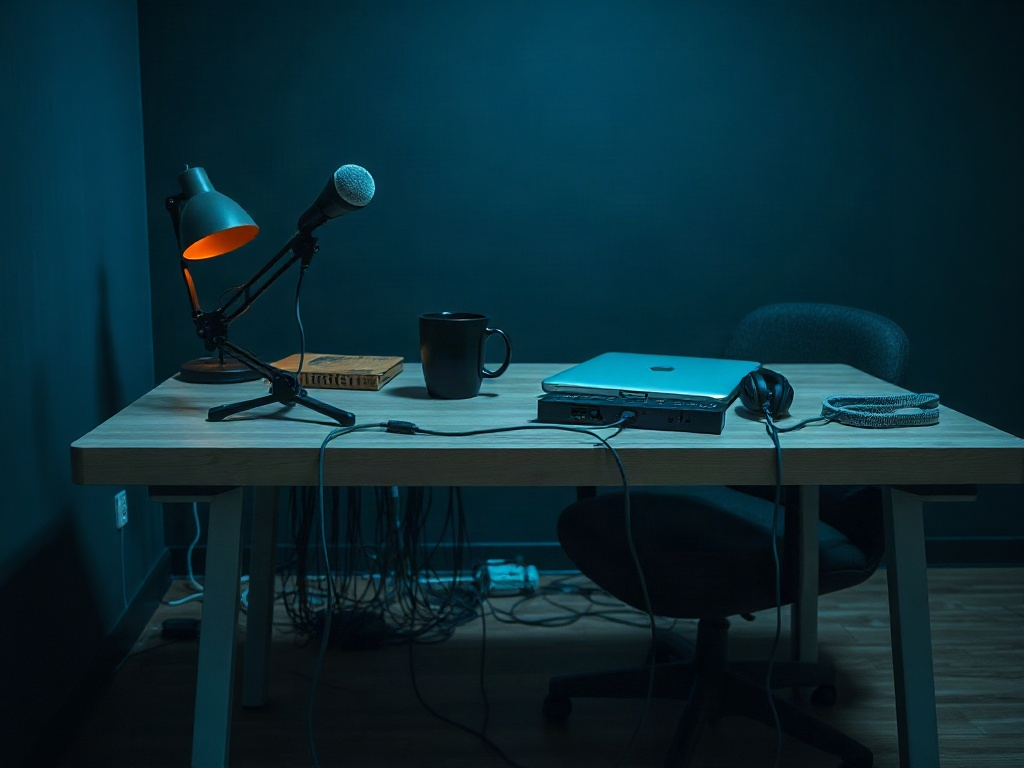 An empty streaming desk in a dark room: a microphone on a clamped boom arm, a closed laptop, a mug, headphones, a power strip, and a dense braid of black cables pooling on the floor under the desk, with an unoccupied black office chair pulled back