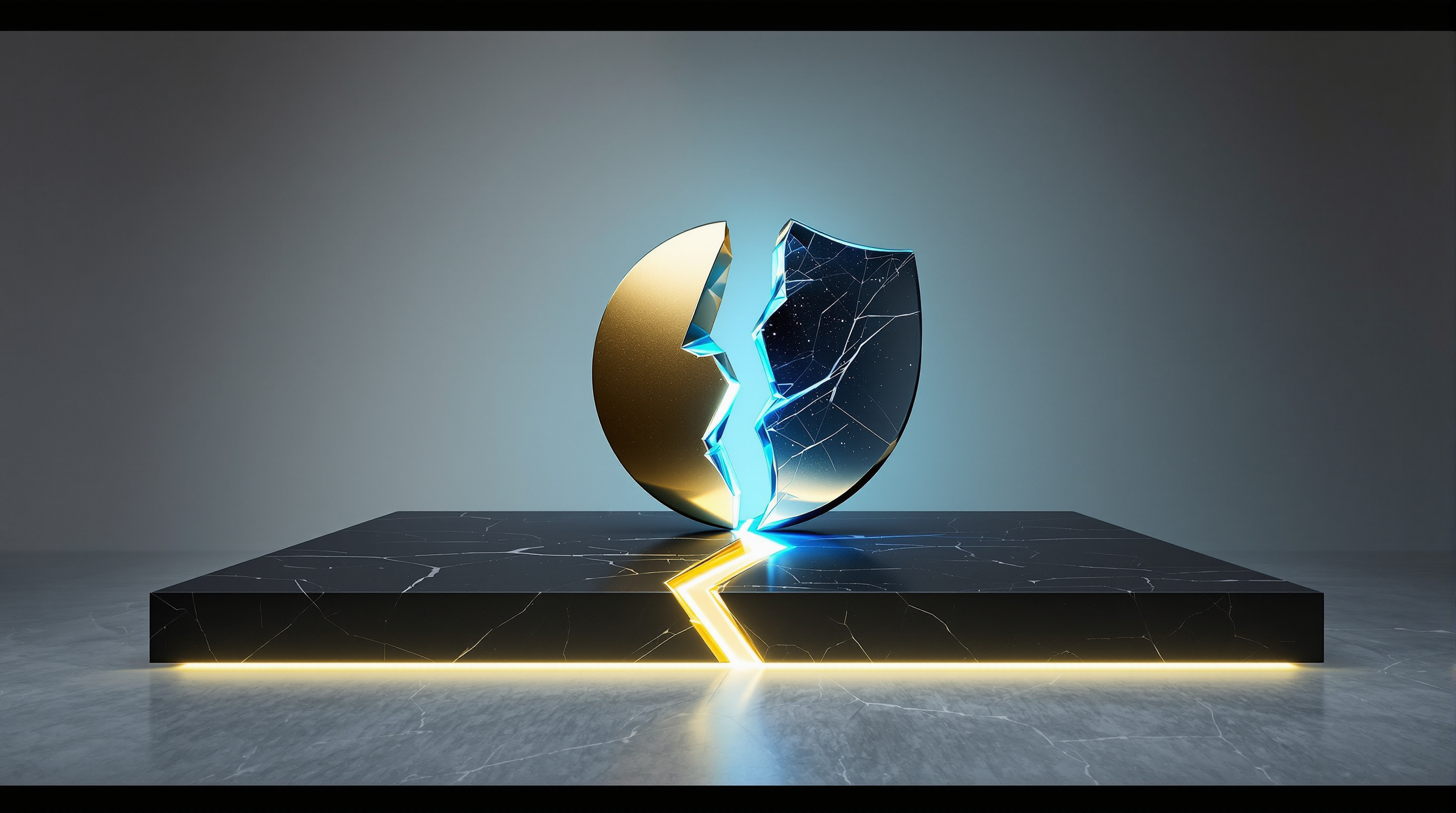 split black marble plinth with a leaning polished gold monolith on the left and a fractured silver‑blue emblematic form (abstract shield‑like object)  — editorial cover artwork for the Knightron story on Zelenskyy Accuses Trump Of Pushing Ukraine To Surrender As U