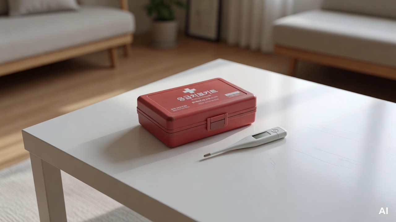 first aid kit and thermometer placed on a white table