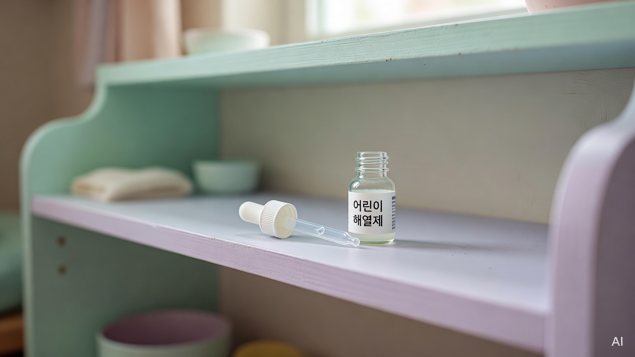 baby medicine dropper and small bottle on a pastel-colored shelf