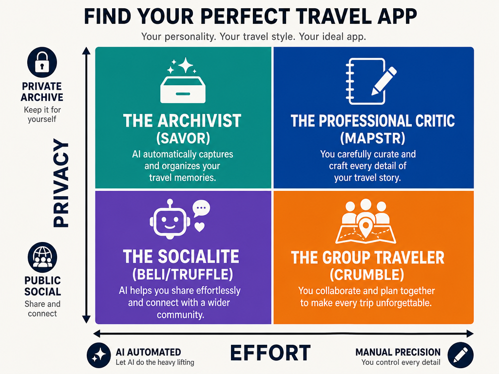 A quadrant matrix mapping restaurant tracking apps by privacy level and user effort to help foodies choose the right tool.