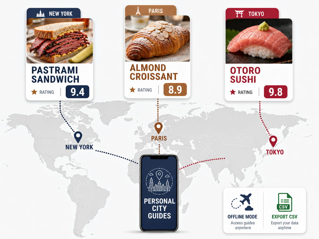 A global map with dish rating cards for NYC, Paris, and Tokyo, illustrating how apps track food across multiple cities.