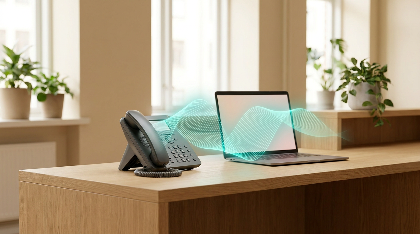 Zakelijke telefoon en laptop op een balie met een groene geluidsgolf die een voicebot verbeeldt