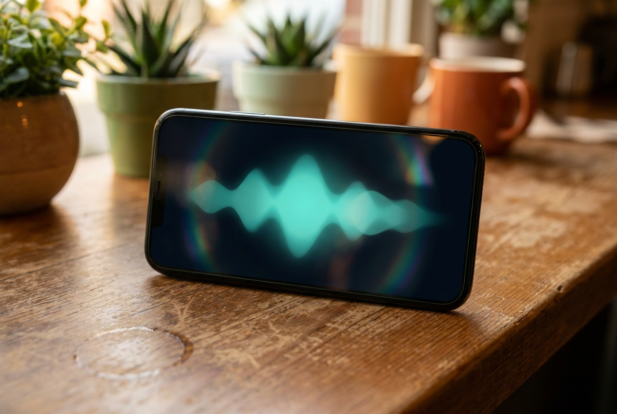 Smartphone op een toonbank met een groene geluidsgolf die een voicebot verbeeldt die een gesprek aanneemt
