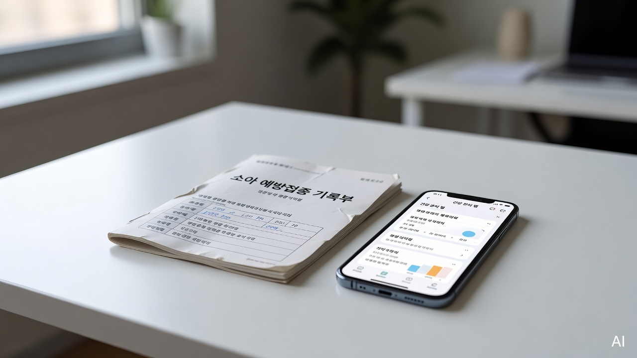 a pediatric vaccination record booklet and a smartphone showing a health app, placed on a white desk
