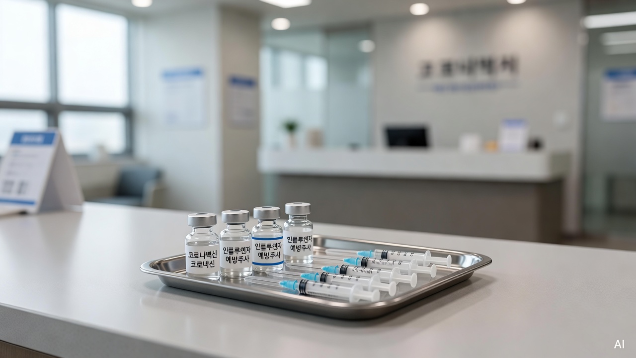a small medical tray with vaccine vials and syringes on a clinic counter