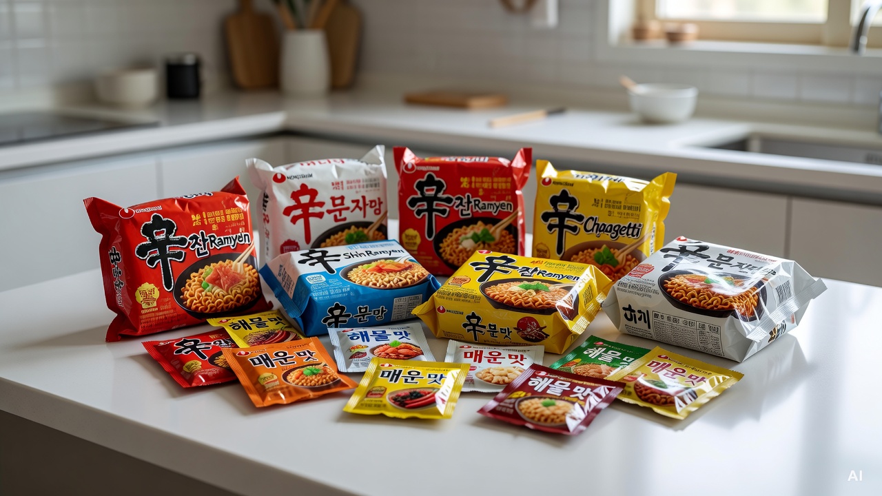 packaged instant noodles and seasoning packets arranged on a white kitchen counter