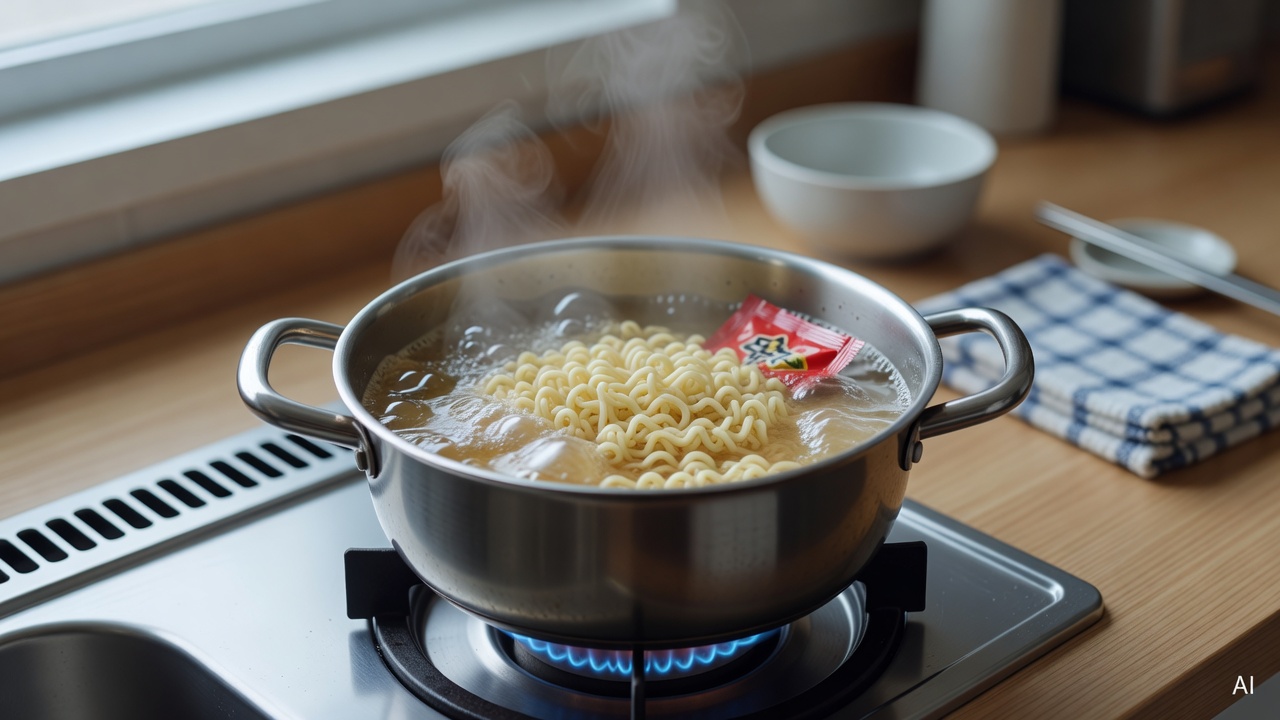 instant noodles being cooked in a pot on a gas stove, kitchen counter background