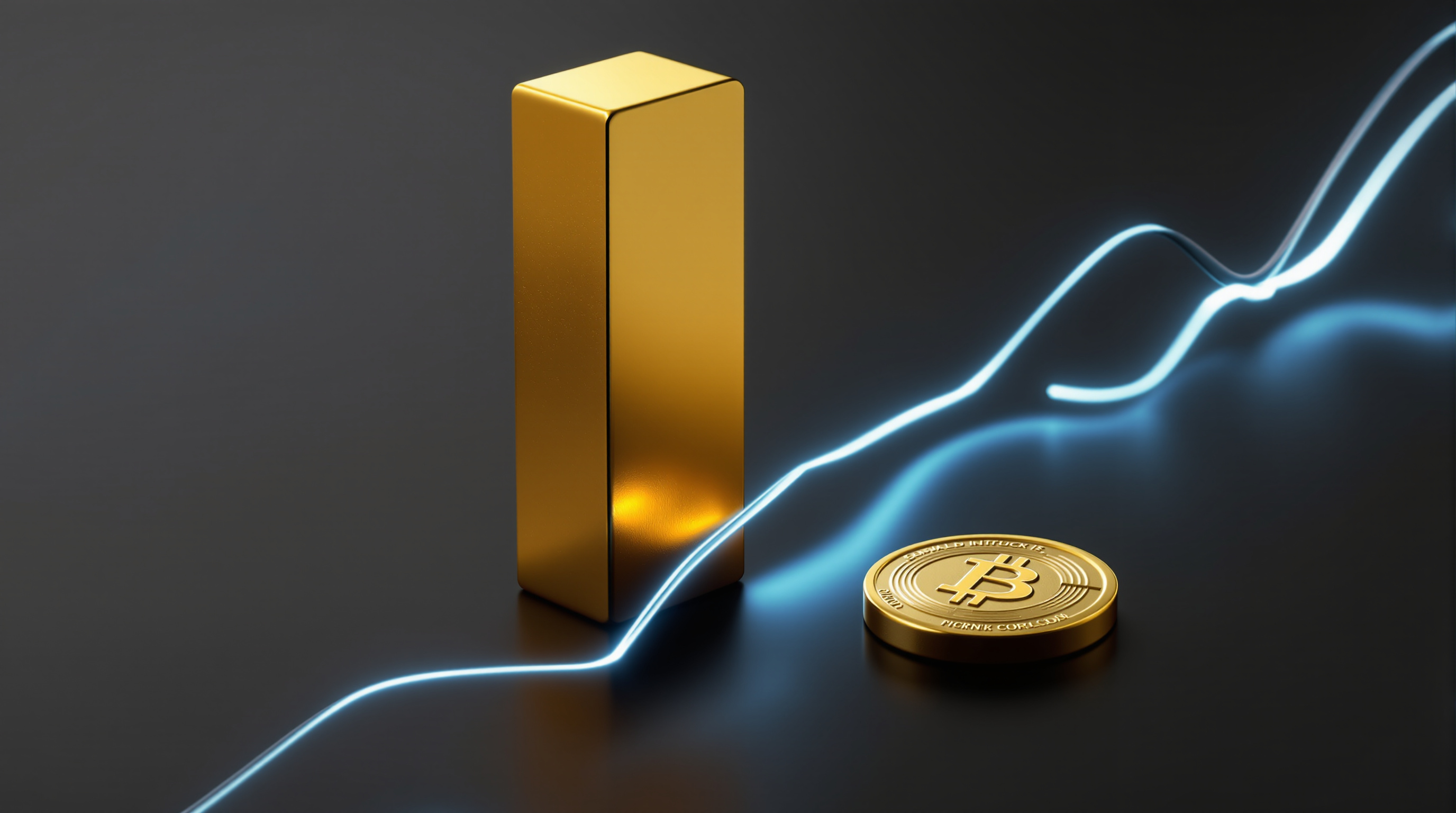 a tall, polished gold monolith (abstract tech/index), a smaller textured gold disc with fine circuit-like engraving (abstract crypto token), and a thi — editorial cover artwork for the Knightron story on Tech Lifts Nasdaq 1.2% As Investors Await Fed Decision; Cryp