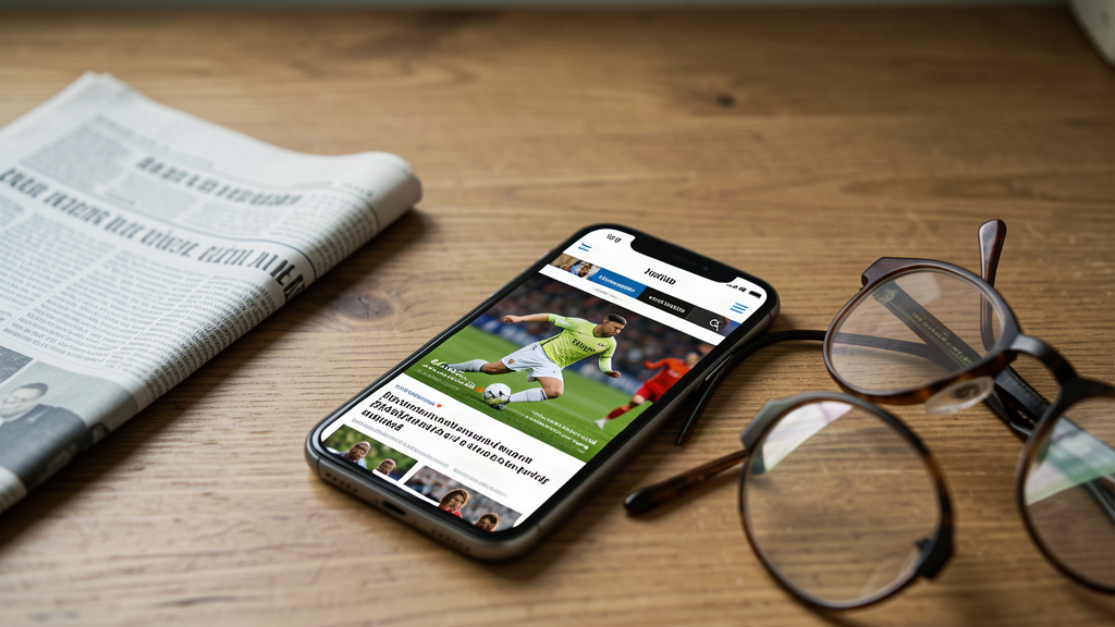 Uno smartphone su una scrivania mostra un sito di notizie sportive accanto a un giornale ripiegato e a un paio di occhiali