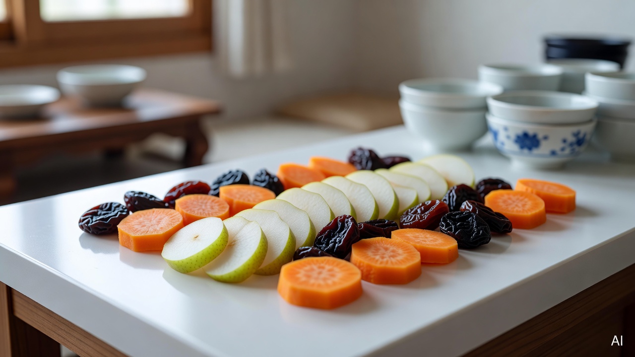 sliced pear, sweet potato, and dried prunes arranged on a white kitchen counter