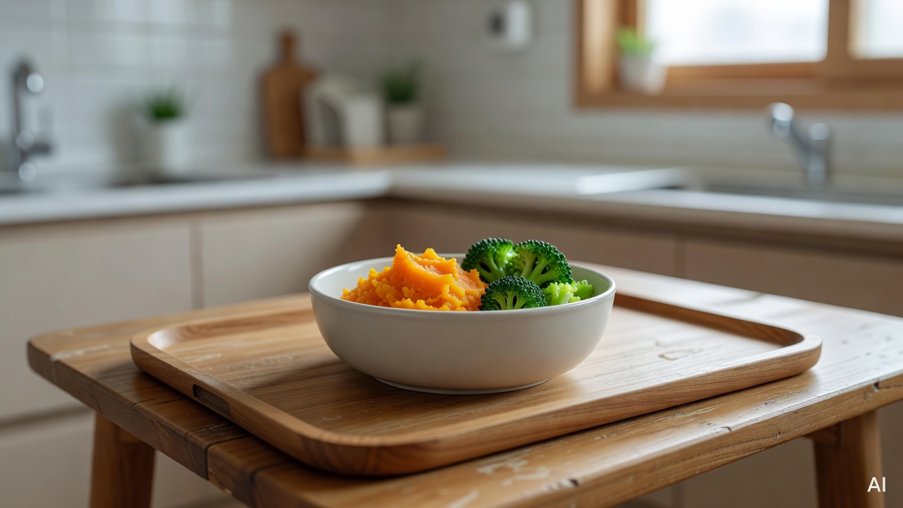 baby food bowl with mashed sweet potato and chopped broccoli on a wooden tray