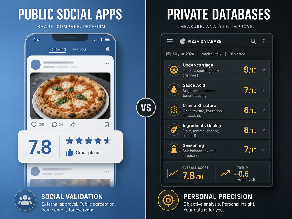 Comparison graphic showing the difference between public social pizza rating apps and private data-driven pizza archiving databases.