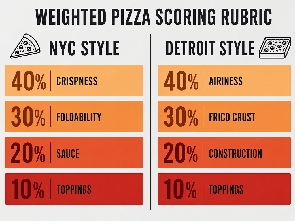 A weighted scoring rubric comparing NYC style pizza metrics like crispness to Detroit style metrics like frico and airiness.